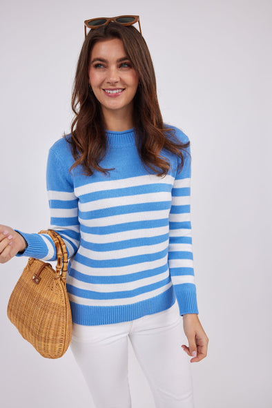 Sail To Sable Roll Neck Striped Sweater - Hydrangea/Ivory
