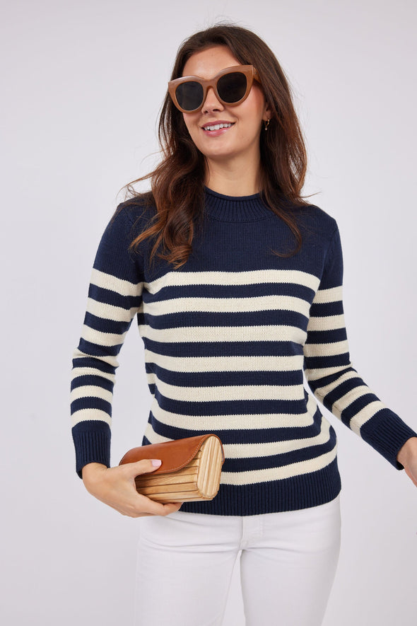 Sail To Sable Roll Neck Striped Sweater - Navy/Ivory