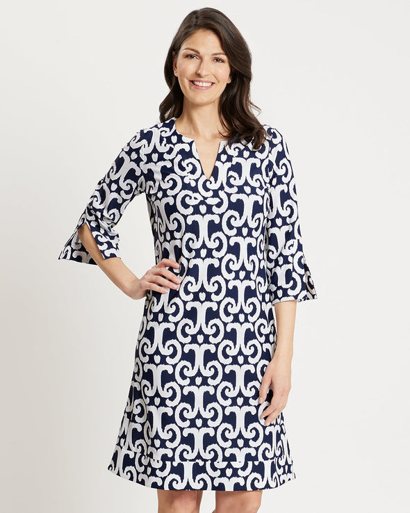 Front View of model in Jude Connally Megan Dress - JC Ikat Navy