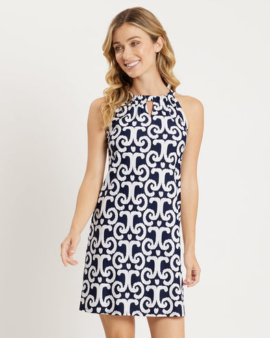 Front View of Jude Connally Lisa Dress - JC Ikat Navy 