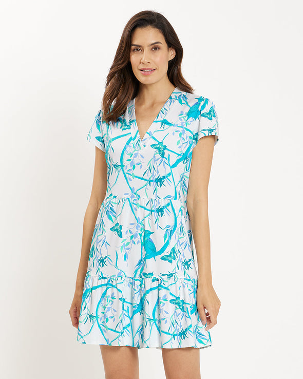 Front view of the model wearing the Jude Connally Ginger Dress - Birds And Butterflies White