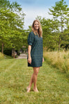 Outdoor model in the Jude Connally Emerson Dress - Garden Lattice Navy/Loden