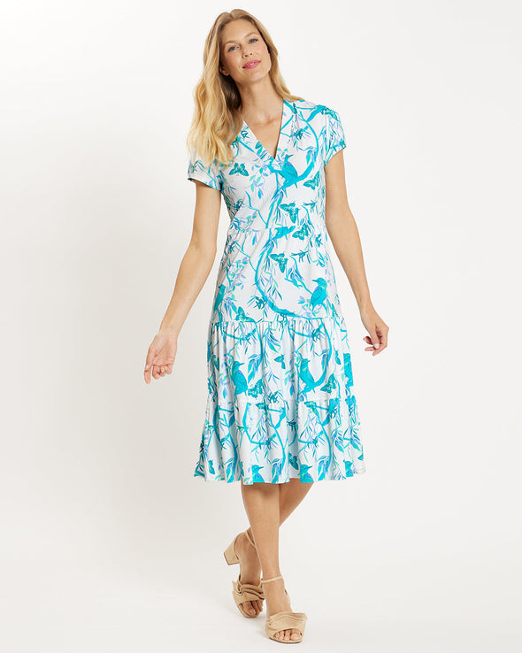 Front view of model in the Jude Connally Libby Dress - Birds And Butterflies White