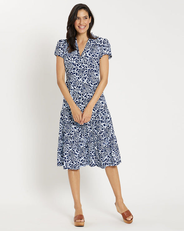 Front view of the Jude Connally Libby Dress - Blooms Navy