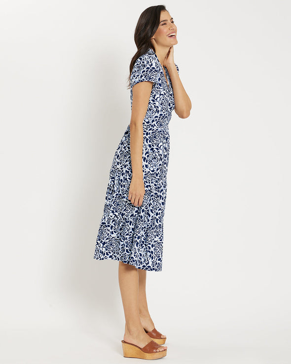 Side view of the Jude Connally Libby Dress - Blooms Navy