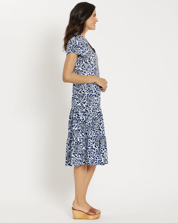 Side view of the Jude Connally Libby Dress - Blooms Navy