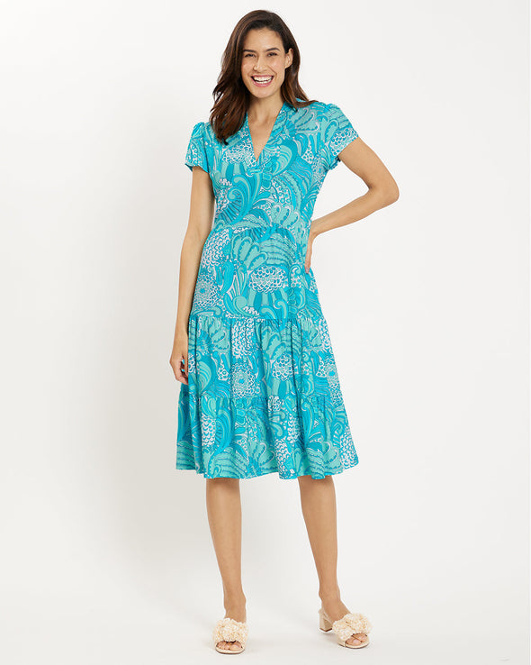 Full body front view of the Jude Connally Libby Dress - Enchanted Sea Aqua