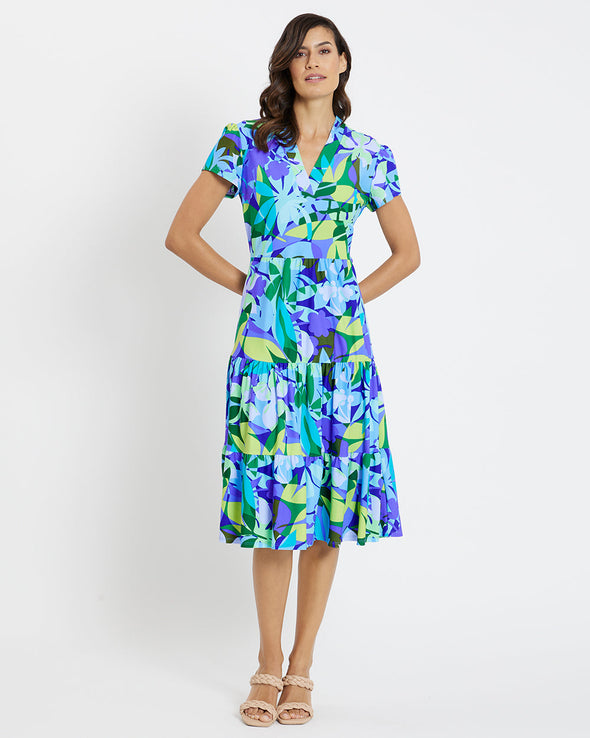 Front view of the Jude Connally Libby Dress - Kaleidoscope Floral Iris