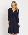 Front view of model in the Jude Connally Farrah Ponte Dress - Dark Navy