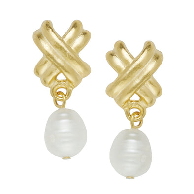 Flat view of the Susan Shaw Mini X Pearl Drop Stud Earrings