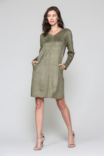 Joh Belle V-Suede Dress - Olive