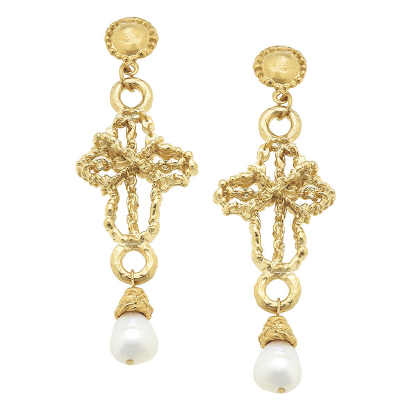 Flat view of the Susan Shaw Gold Cross with Freshwater Pearl Drop Earrings