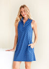 Front view of model in the Cabana Life Fisher Island Sport Zip Dress - Blue