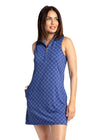 Front view of model in the Cabana Life Fisher Island Sport Zip Dress - Blue