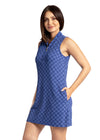 Side view of model in the Cabana Life Fisher Island Sport Zip Dress - Blue