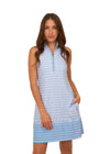 Model in the Cabana Life Seaside 1/4 Zip Sleeveless Sport Dress. A sleeveless, 1/4 zip neckline, mini dress with pockets with a blue and white geometric pattern 
