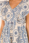 Bust of the Providence Eyelet Midi Dress. A midi length dress with blue eyelet detailing, with puffy sleeves and a zip closure