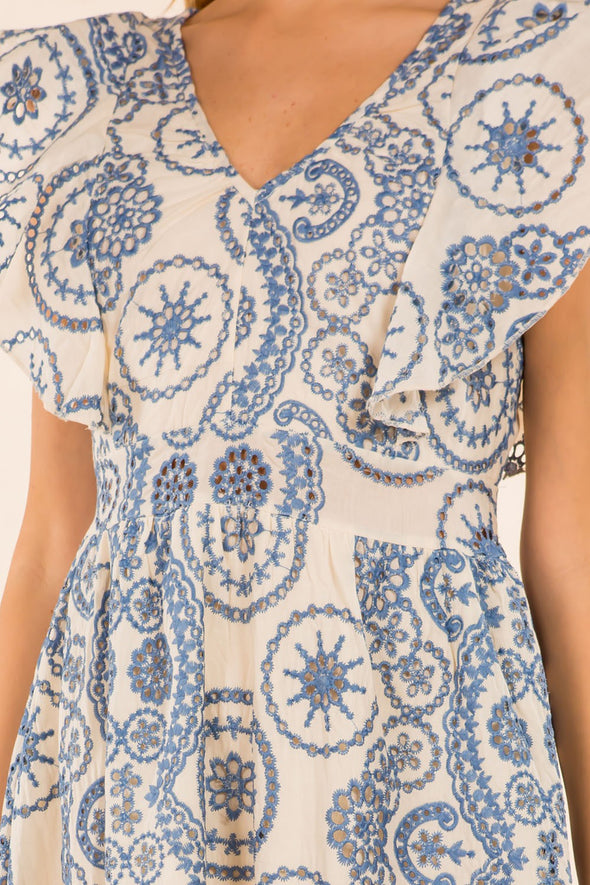 Bust of the Providence Eyelet Midi Dress. A midi length dress with blue eyelet detailing, with puffy sleeves and a zip closure
