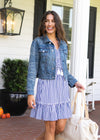 Outdoor model in the Cabana Life Essentials Navy Stripe Smocked Waist Dress