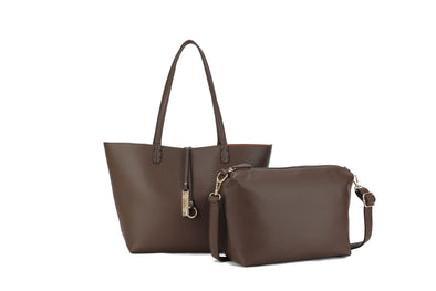 Vegan Leather Reversible 2-in-1 Tote Bag - Coffee/Camel