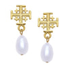 Flat view of the Susan Shaw Dainty Cross Drop Pearl Earrings