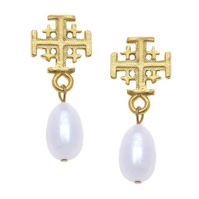 Flat view of the Susan Shaw Dainty Cross Drop Pearl Earrings