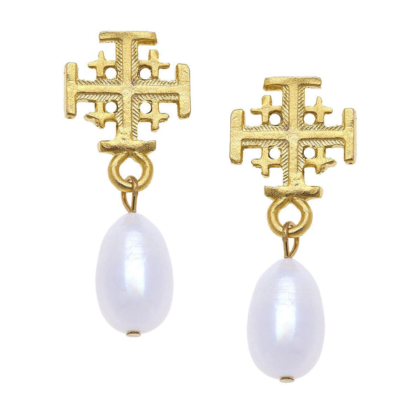 Flat view of the Susan Shaw Dainty Cross Drop Pearl Earrings