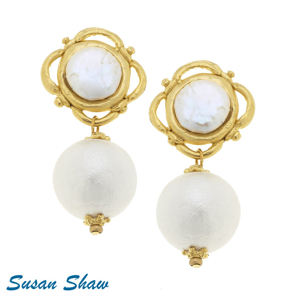 Flat view of the Susan Shaw Gold with Coin Pearl and Cotton Pearl Clip Earrings