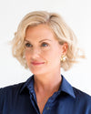 Model in the Susan Shaw Maltese Cross Pearl Stud Earrings