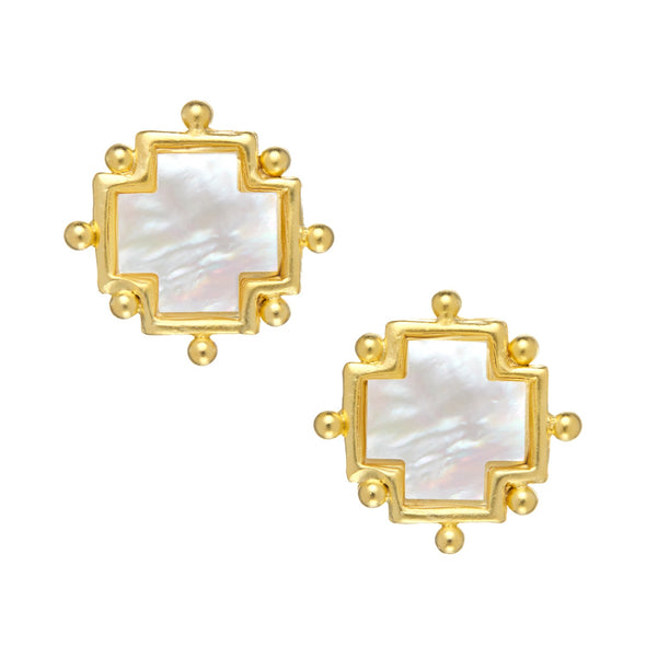 Flat view of the Susan Shaw Mother of Pearl Cross Stud Earrings