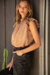 Model wearing Voy Willa Suede Top in Taupe
