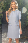 Outdoor model in the Kennedy Tweed Dress in Ice Blue