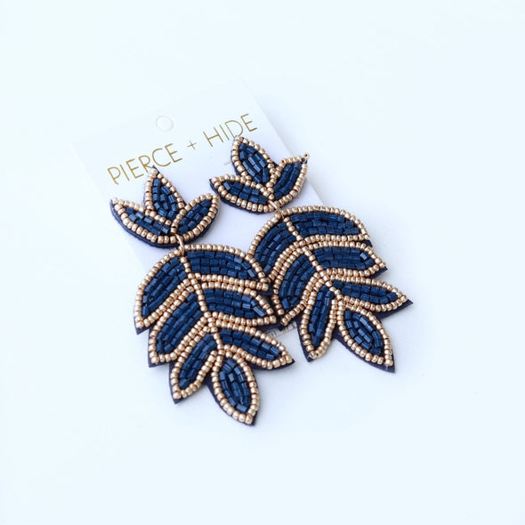 Beaded Fleur De Lis Earring - Navy
