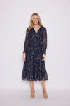 Full body view of the Sail to Sable Smocked Midi Dress - Navy Clip Dot
