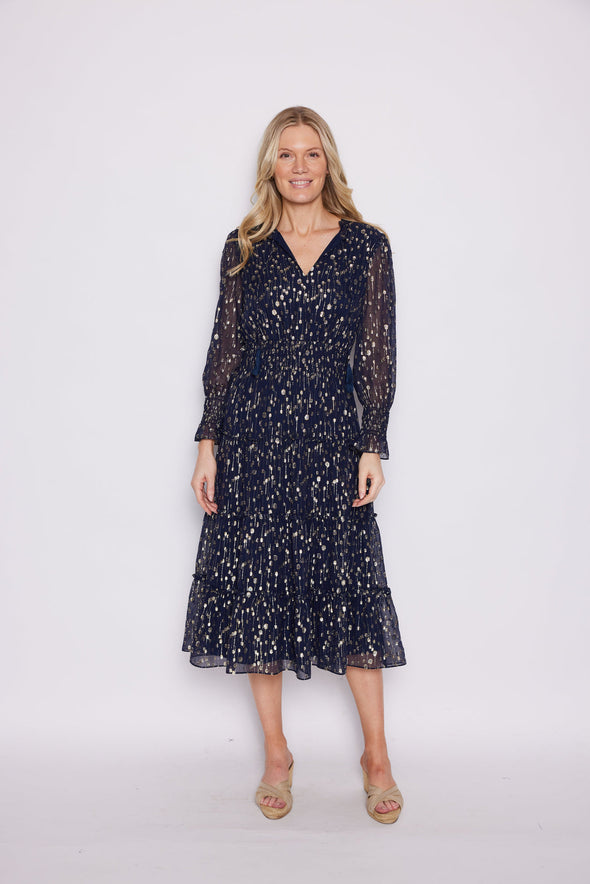 Full body view of the Sail to Sable Smocked Midi Dress - Navy Clip Dot