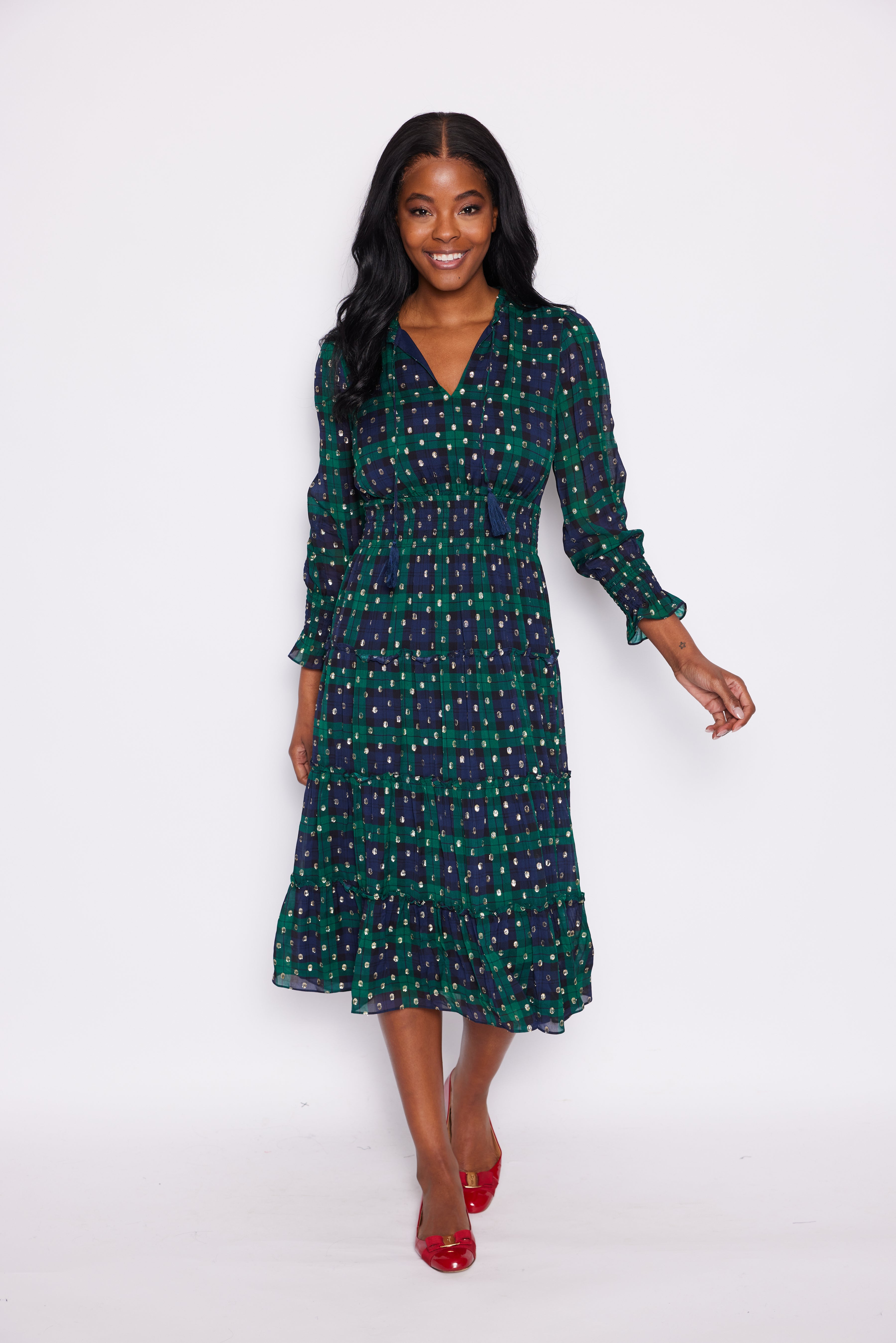 Sail to Sable Socked Waist Midi Dress in Blackwatch Plaid
