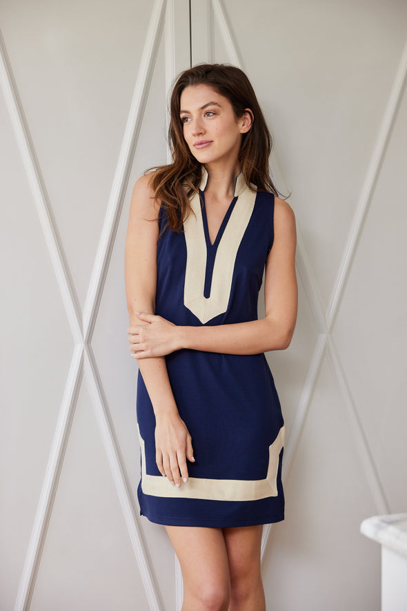 Model in the Sail To Sable x The Lucky Knot Classic Knit Sleeveless Dress - Navy/Gold