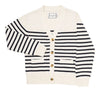 Striped cardigan with tortoise buttons on a white background