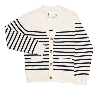 Striped cardigan with tortoise buttons on a white background