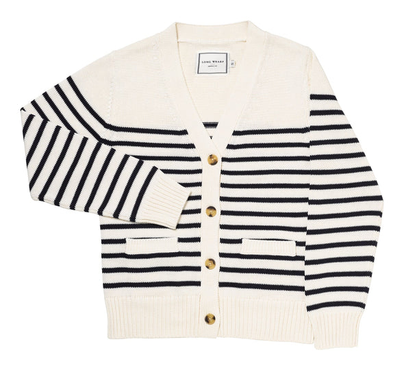 Striped cardigan with tortoise buttons on a white background