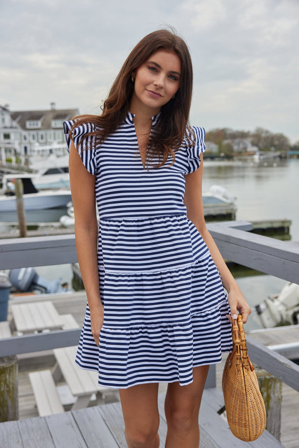 Sail To Sable Flutter Sleeve Flare Tunic Dress - Navy & White Stripe