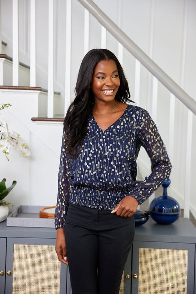 Sail To Sable Smocked Waist Top - Navy Clip Dot