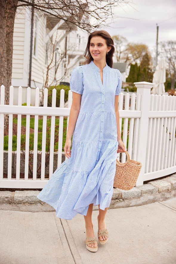 Sail To Sable Short Sleeve Midi Dress - Blue/White Stripe