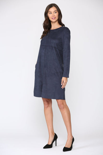 Model wearing Aurora Long Sleeve Suede Dress in Navy