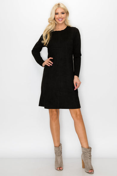 Front view of the Aurora Long Sleeve Suede Dress - Black