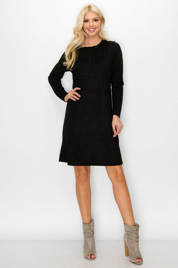 Front view of the Aurora Long Sleeve Suede Dress - Black