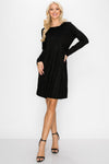 Full body front view of the Aurora Long Sleeve Suede Dress - Black