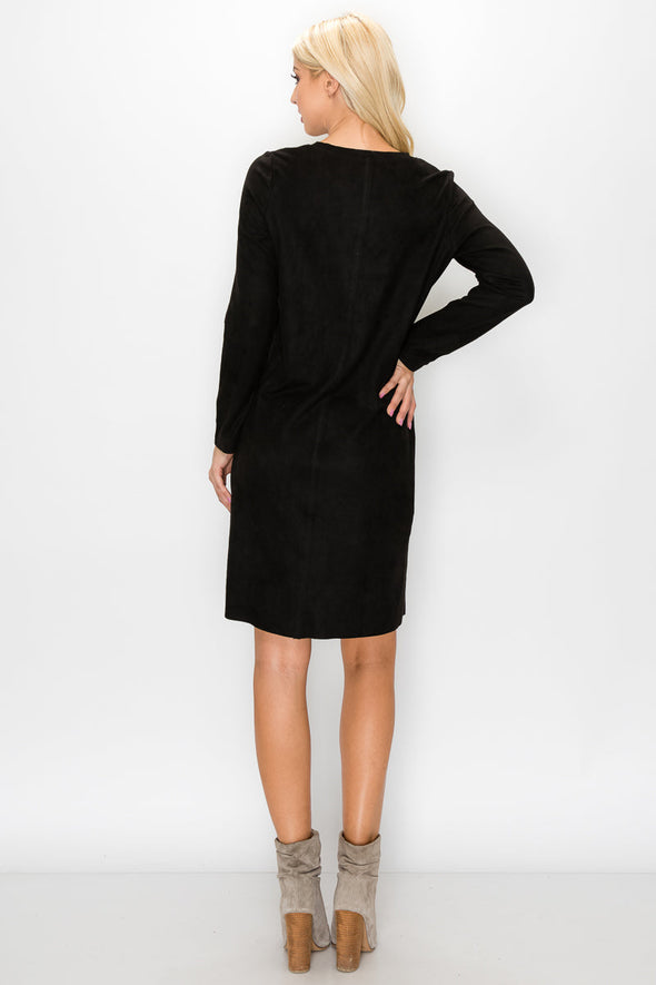 Back view of the Aurora Long Sleeve Suede Dress - Black