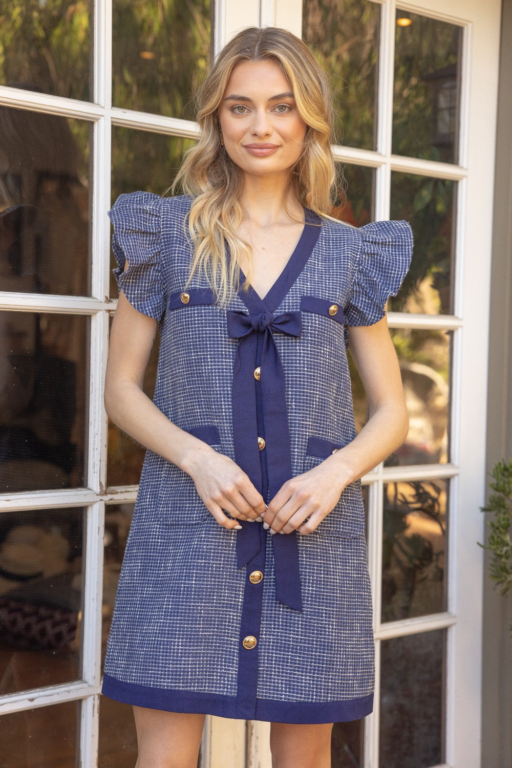 Jackie Dress in Blue | Tweed Navy Ruffle Sleeve Dress – THE LUCKY KNOT