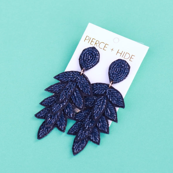 Beaded Tiered Leaf Earring - Navy